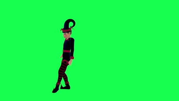 3D动画新年派对精灵从笔直的角度在绿色屏幕上跳嘻哈3D人走着背景色彩键视觉效果动画 — 图库视频影像