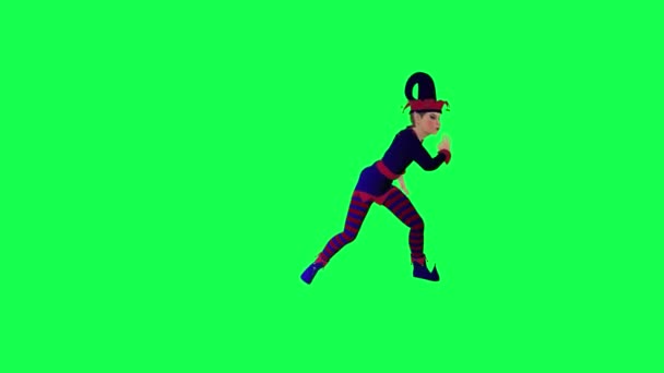 3D动画新年派对精灵穿着红色蓝色连衣裙从左角在绿色屏幕上跳舞3D人走着背景色关键视觉效果动画 — 图库视频影像