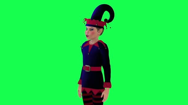 新年小精灵穿着红蓝衣服在绿屏3D上从直角说话 人们走在背景色键视觉效果动画上 — 图库视频影像