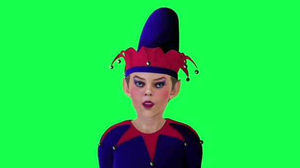 新年小精灵身穿红色蓝色衣服 在绿色屏幕上从相反的角度说话 3D人走着背景色键视觉效果动画 — 图库视频影像