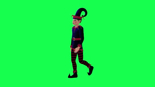 新年小精灵穿着红蓝连衣裙从直角走在绿屏3D上 人们走在背景色键视觉效果动画上 — 图库视频影像