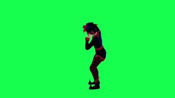 新年小精灵穿着蓝色的红色连衣裙 从绿色屏幕上的直角上突然出现了严重的头痛 3D人走在背景彩色键视觉效果动画上 — 图库视频影像