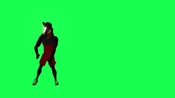穿着红色运动服的棕色3D卡通马在绿色屏幕上从前角跳机器人3D人行走背景彩色键视觉效果动画 — 图库视频影像