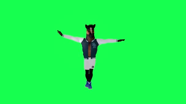 Анимированный Лошадь Спортивном Костюме Танцы Топать Переднего Угла Зеленом Экране — стоковое видео