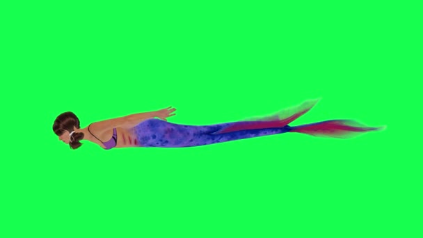 Вид Волшебной Русалки Плавает Быстро Прямым Углом Зеленом Экране Люди — стоковое видео