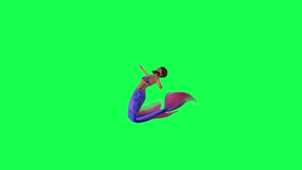 漂亮的红蓝色魔法美人鱼从直角在绿色屏幕上嬉戏3D人走着背景色关键视觉效果动画 — 图库视频影像
