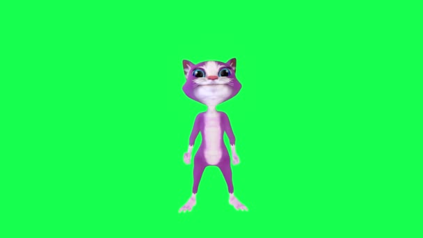 Фіолетовий Анімований Кіт Підбадьорює Після Перемоги Переднього Кута Зеленому Екрані — стокове відео