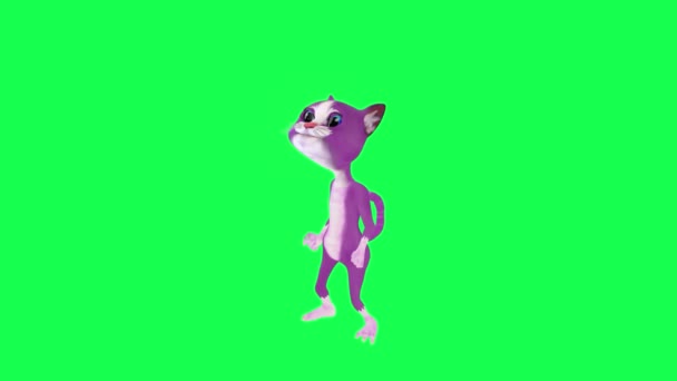 紫色3D动画猫在从直角赢得绿屏3D人行背景彩键视觉效果动画后欢呼 — 图库视频影像