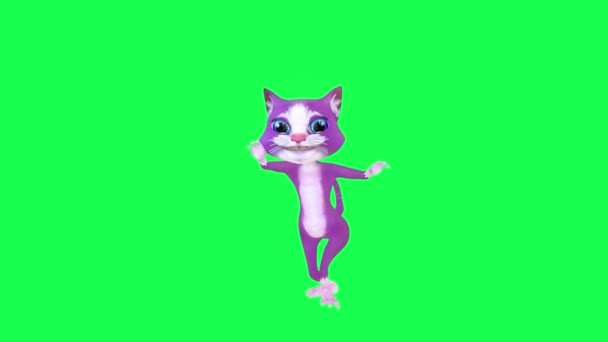3D話す紫の猫は緑のスクリーンの反対の角度から踊ります 人歩く背景のクロマのキー視覚効果アニメーション — ストック動画