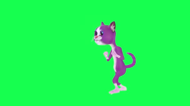 紫色の3D猫の戦いを話し 緑色のスクリーン3Dの人々が背景クロマキービジュアルエフェクトアニメーションを歩いている右角度から蹴る — ストック動画
