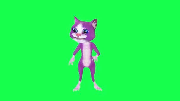 在绿屏3D人行背景色彩色键视觉效果动画中 可爱的紫色动画猫从相反角度处理卡片 — 图库视频影像