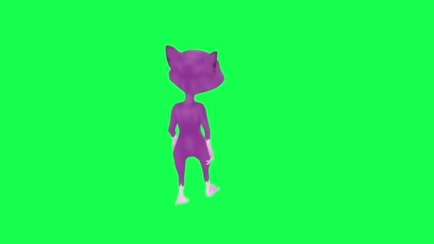 Симпатичный Фиолетовый Анимированный Кот Ходить Смотреть Вокруг Переднего Угла Зеленый — стоковое видео