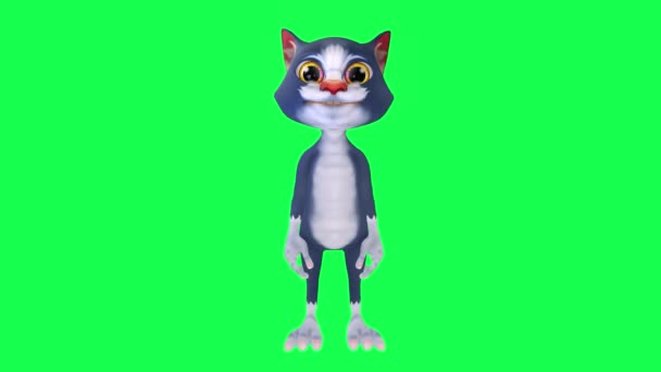 Blue Animated Cat Talking Front Angle Green Screen People Walking — Vídeo de stock