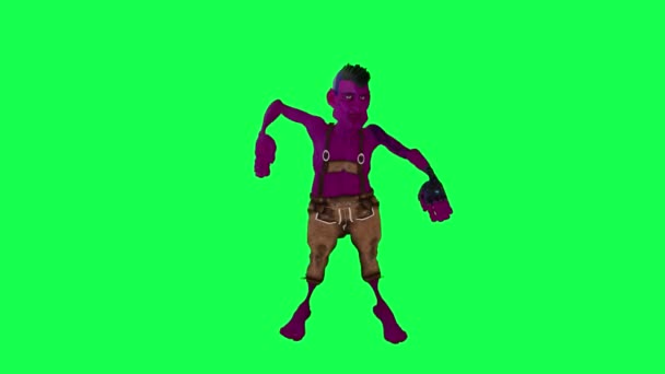 3Dアニメーション 紫色労働者男性 緑色の画面上のフロント角度から踊る バックグラウンドクロマキービジュアルエフェクトアニメーション — ストック動画
