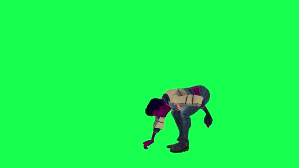 Animowane Fioletowy Przestrzeń Człowiek Rzucanie Rock Prostego Kąta Zielony Ekran — Wideo stockowe