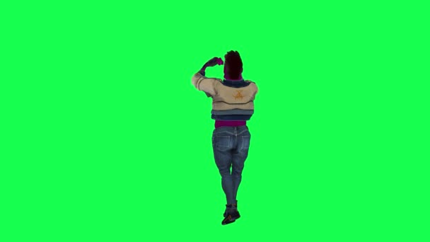 紫色空间动画3D人在绿色屏幕3D人行走背景彩色关键视觉效果动画上从直角跳着和挥动着他的胳膊和腿 — 图库视频影像