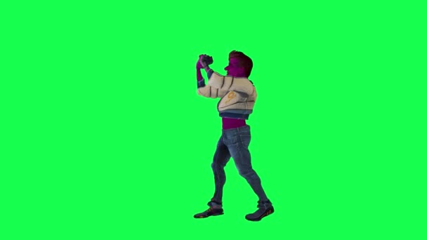 紫色のスペースアニメーション3D男は グリーンスクリーン3Dの人々がバックグラウンドクロマキービジュアルエフェクトアニメーションを歩いている反対の角度から彼の腕と脚を振ります — ストック動画