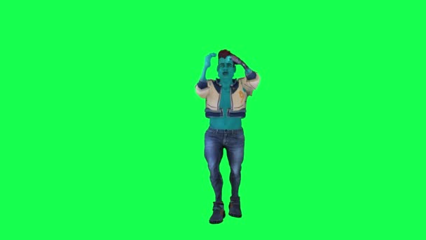 3D空间蓝色动画人在绿色屏幕上跳舞 左臂左腿挥动 3D人在后台行走 彩色键视觉效果动画 — 图库视频影像