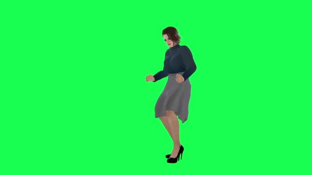 ネイビーブルーのドレスで緑色のスクリーンに大きな胸を持つ脂肪とチャビーボディを持つ女性と 背の高い身長の短くて濃い茶色と黒い髪の長い愛好家スカートと黒い靴 — ストック動画