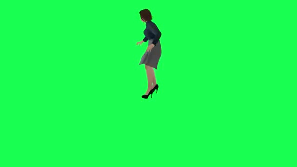 一个胖胖的女人 体形丰满 胸部大 绿色屏风 身穿深蓝色连衣裙 长颈裙 黑短袜 黑褐色和黑发 大腿高挑 — 图库视频影像