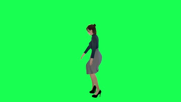 海軍のタートルネックと長いツチのスカートと黒のハイヒールと背の高い高さとメイクで白い日焼けした肌を持つ緑色のスクリーンの大きなボディを持つスリムな女性 — ストック動画