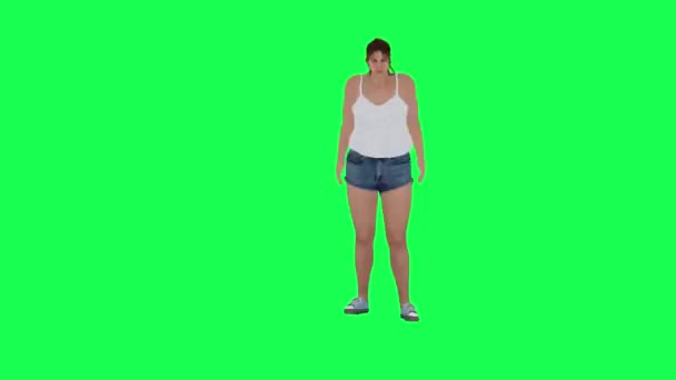 Толстая Женщина Большим Телом Зеленом Экране Белыми Качелями Синими Шортами — стоковое видео