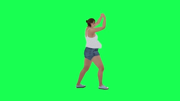 Tlustá Žena Velkým Tělem Zelené Obrazovce Bílou Houpačkou Modrými Leo — Stock video
