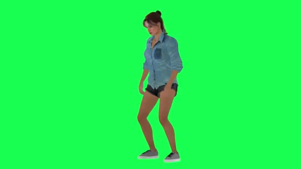 Een Vrouw Met Tarwehuid Medium Normaal Lichaam Het Groene Scherm — Stockvideo