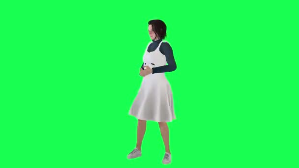 Egy Lány Vékony Alakkal Zöld Vásznon Hosszú Tengerészkék Stein Ruhában — Stock videók
