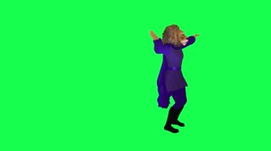 3D mor animasyon dans eden aslan yeşil ekran üzerinde izole edilmiş sol açılı karakter çizgi filmi şirin kroma anahtar animasyonu
