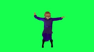 Mor elbiseli 3D aslan kralı yeşil ekrandan izole edilmiş yeşil ekranda dans eden salsa dansçısı. Çizgi film karakteri, tatlı kroma anahtar animasyonu.