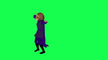 Mor elbiseli 3D aslan kralı yeşil ekranda dans ediyor. Karakter çizgi filminden izole edilmiş şirin kroma anahtar arka plan animasyonu.