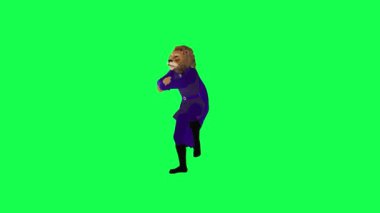 Mor elbiseli 3D animasyon aslanı profesyonel hip hop dansı yapıyor yeşil ekran karakteri üzerinde dik açı şirin kroma anahtar animasyonu