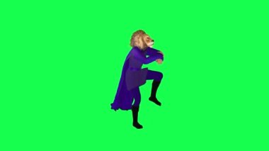 Mor elbiseli 3D animasyon aslanı profesyonel hip hop dansı yapıyor yeşil ekran karakteri üzerinde sol açı şirin kroma anahtar animasyonu