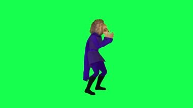 Mor elbiseli 3D karikatür aslanı yeşil ekran karikatüründe sol açıdan Gangnam dansı yapıyor. Hoş krom anahtar animasyonu.