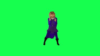 Mor elbiseli 3D karikatür aslanı yeşil ekran karikatüründe ön açıdan Gangnam dansı yapıyor. Sevimli krom anahtar animasyonu.