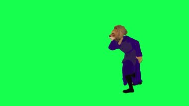 Mor elbiseli güzel bir üç boyutlu aslan yeşil ekran karikatüründe düz açıyla dans ediyor. Hoş krom anahtar arka plan animasyonu.