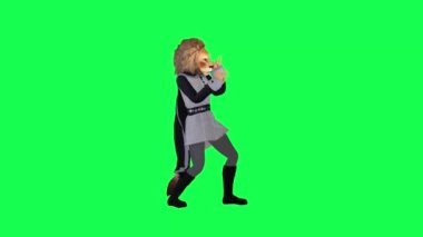 Gri elbiseli 3D aslan sol açıdan rap yapıyor yeşil ekran karakteri çizgi filminde izole edilmiş şirin kroma anahtar arka plan animasyonu