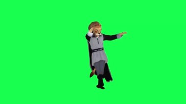 Gri kıyafetli 3D aslan dans eden hip hop krom anahtar yeşil ekran karakter üzerinde sol açı şirin kroma anahtar animasyonu
