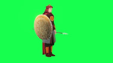 Kalkanı ve mızrağı olan Antik İranlı asker izole edilmiş sol açılı yeşil ekran karakter çizgi filmi şirin kroma anahtar arka plan animasyonu konuşuyor