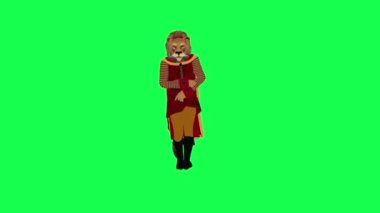 Yaralı 3D animasyon aslan koşusu baş ağrısı çeker. Yeşil ekran karakteri. Sevimli kroma anahtar arka plan animasyonu.