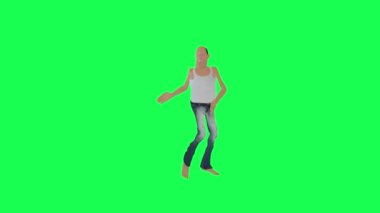 3D uzunluğunda kel bir adam salsa yapıyor. Dik açı, izole edilmiş yeşil ekran karakteri. Tatlı kroma anahtar arka plan animasyonu.