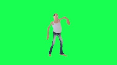 Beyaz iç çamaşırlı, kot pantolonlu, kel bir adam. Hip hop yapıyor. Sol açı yeşil ekran karakteri.