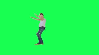 Beyaz iç çamaşırlı, kot pantolonlu, kel bir adam. Hip hop dansı yapıyor. Dik açı.