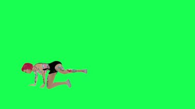 3D dövmeli, kırmızı saçlı, kısa etekli, yürüyen, dikey açılı yeşil ekran karakterli, şirin, renkli, arka plan animasyonlu bir kadın.