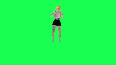 Sarışın ve gözlüklü güzel 3D kadın yerde bir şey buluyor, sağ açı, izole edilmiş yeşil ekran karakteri şirin kroma anahtar animasyonu.