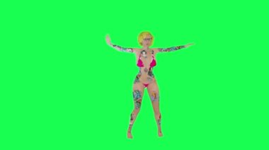 Tam dövmeli, pembe bikinili, samba dansı yapan sarışın kadın. Dik açı. Yeşil ekran karakteri karikatürü.
