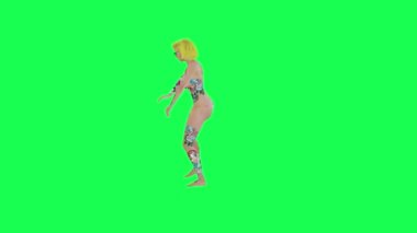Tam dövmeli, pembe bikinili, profesyonel salsa dansı yapan sarışın kadın. Sağ açı, izole edilmiş yeşil ekran karakteri. Sevimli, krom renkli arka plan animasyonu.