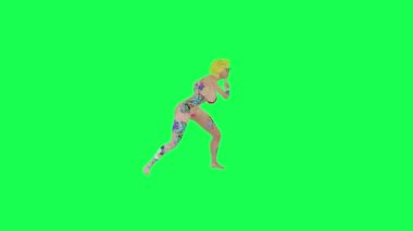 Tam dövmeli ateşli sarışın kadın capoeira dansı ön açı izole edilmiş yeşil ekran karakteri tatlı kroma anahtar arka plan animasyonu
