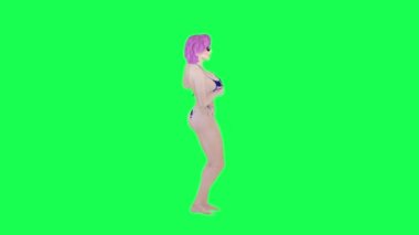 İngiliz bayraklı bikinili seksi kadın şaşırmış, izole edilmiş, dik açılı, yeşil ekran karakteri, şirin kroma anahtar arka plan animasyonu